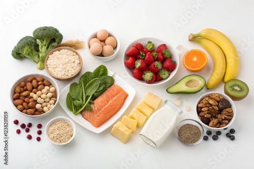 The 5 main food groups: meat, fish, vegetables, fruit, butter, milk, oranges, bananas, nuts, strawberries on a white screen.