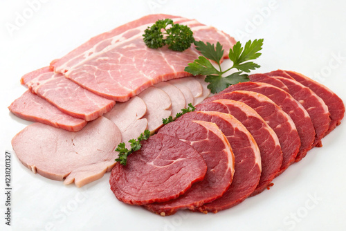 Fresh beef, fresh pork, fresh chicken, sliced ​​on a white screen