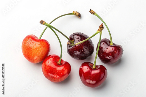 Many fresh cherries on a white background