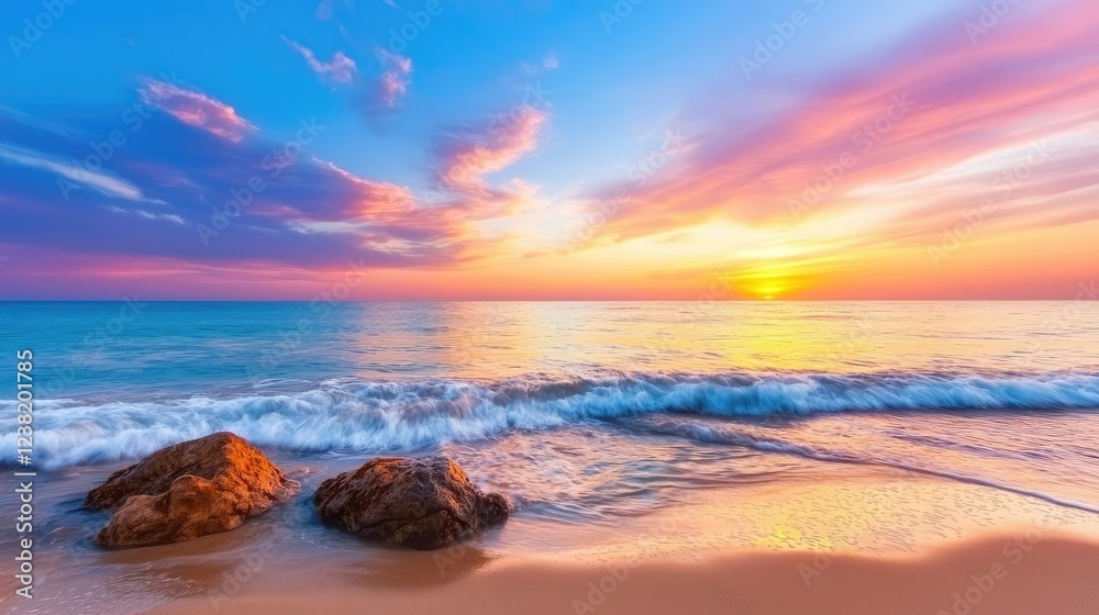 Obraz premium Sunset over ocean waves nature idea. A tranquil sunset over the ocean with vibrant colors reflecting off the water.