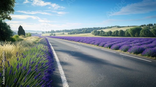 trnquil countryside rod lined with lvender fields stretching to the horizon photo