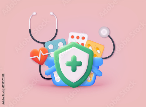 Cartoon minimal of first aid and health care. Medical symbol of emergency help. Medical symbol of emergency help. 3D Web Vector Illustrations.