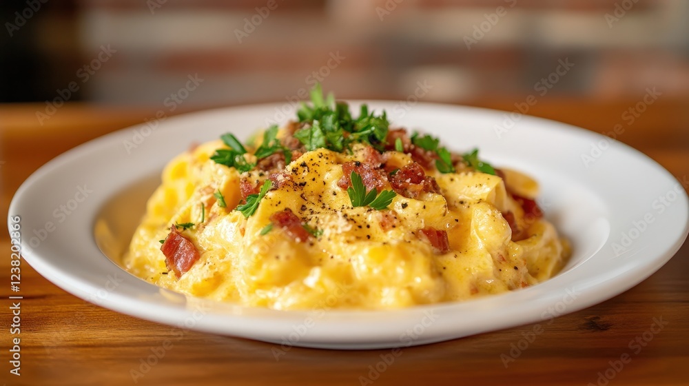 Italian carbonara pasta made with eggs, cheese, pancetta, and black pepper, served with a garnish of fresh parsley in a classic Italian dining atmosphere