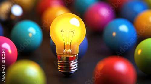 A glowing light bulb surrounded by colorful spheres, symbolizing creativity and ideas.