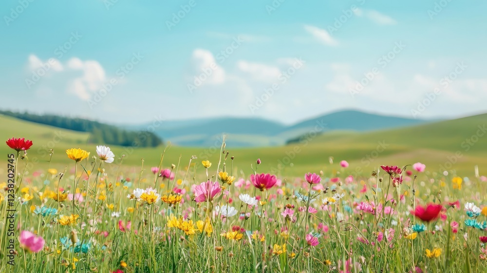 Fototapeta premium Tropical island nature concept. Vibrant wildflower meadow under a clear blue sky with distant rolling hills.