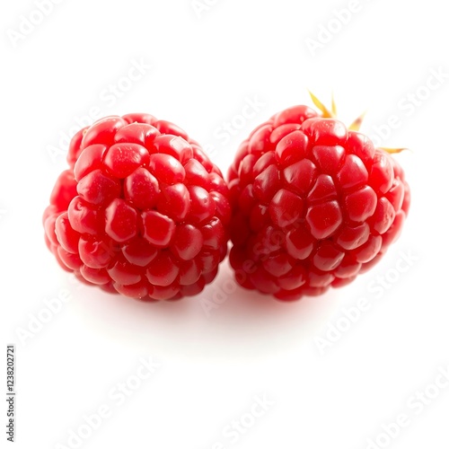 "Close-Up of Fresh Red Raspberry with Green Leaf on White Background