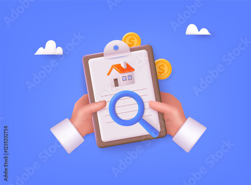 House mortgage property inspection audit icon vector graphic, home real estate deal review assessment, building appraisal. 3D Web Vector Illustrations.