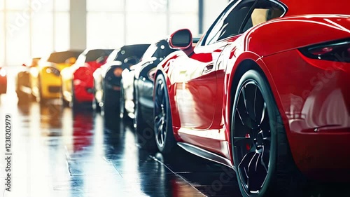 Row of luxury colorful cars in car showroom with focus on red car
