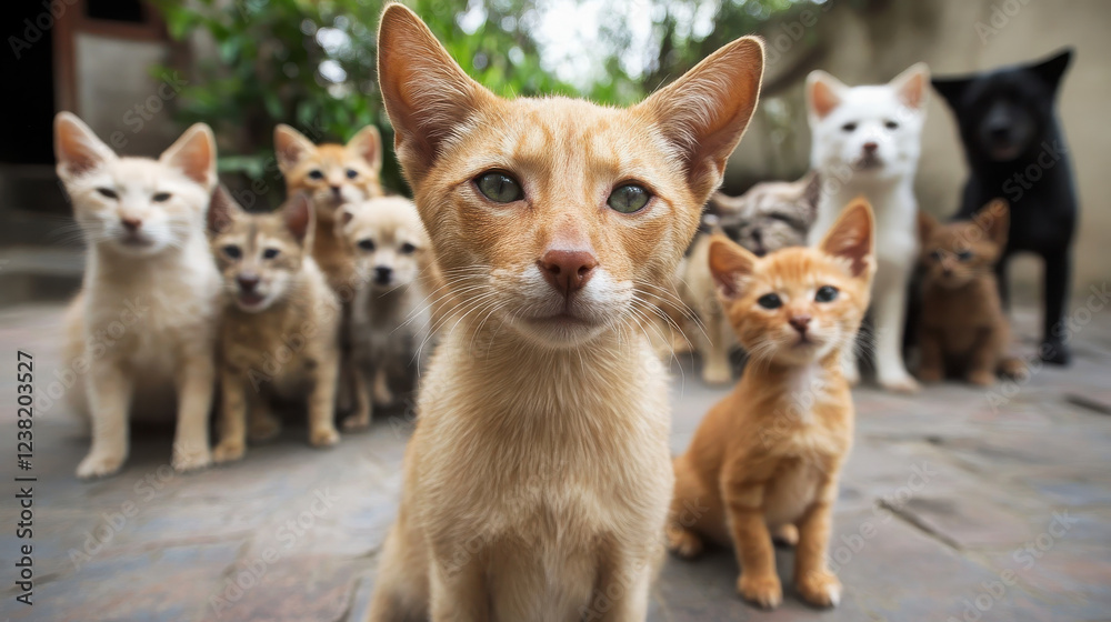 A group of cats of various colors and sizes gathered together in a playful setting. A group of cats of various colors and sizes gathered together in a playful setting.
