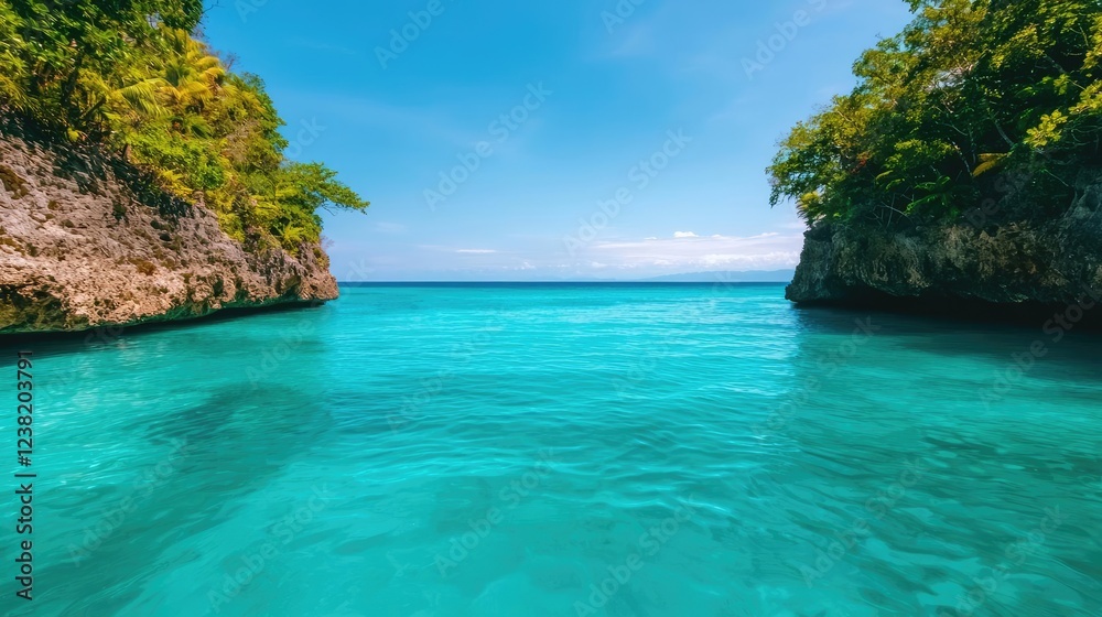 Tropical island nature concept. A serene blue ocean surrounded by lush green cliffs and clear skies. Tropical island nature concept. A serene blue ocean surrounded by lush green cliffs and clear skies.