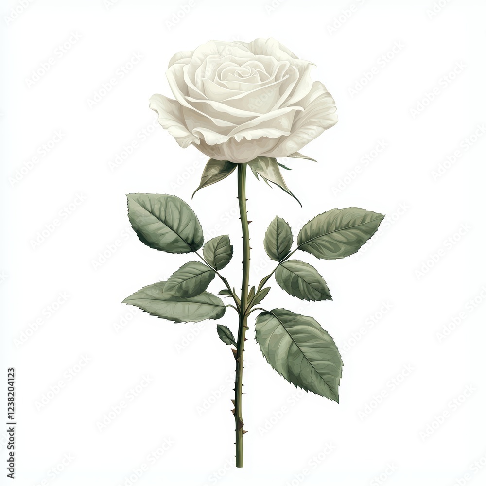 Fototapeta premium Elegant white rose with lush green leaves.
