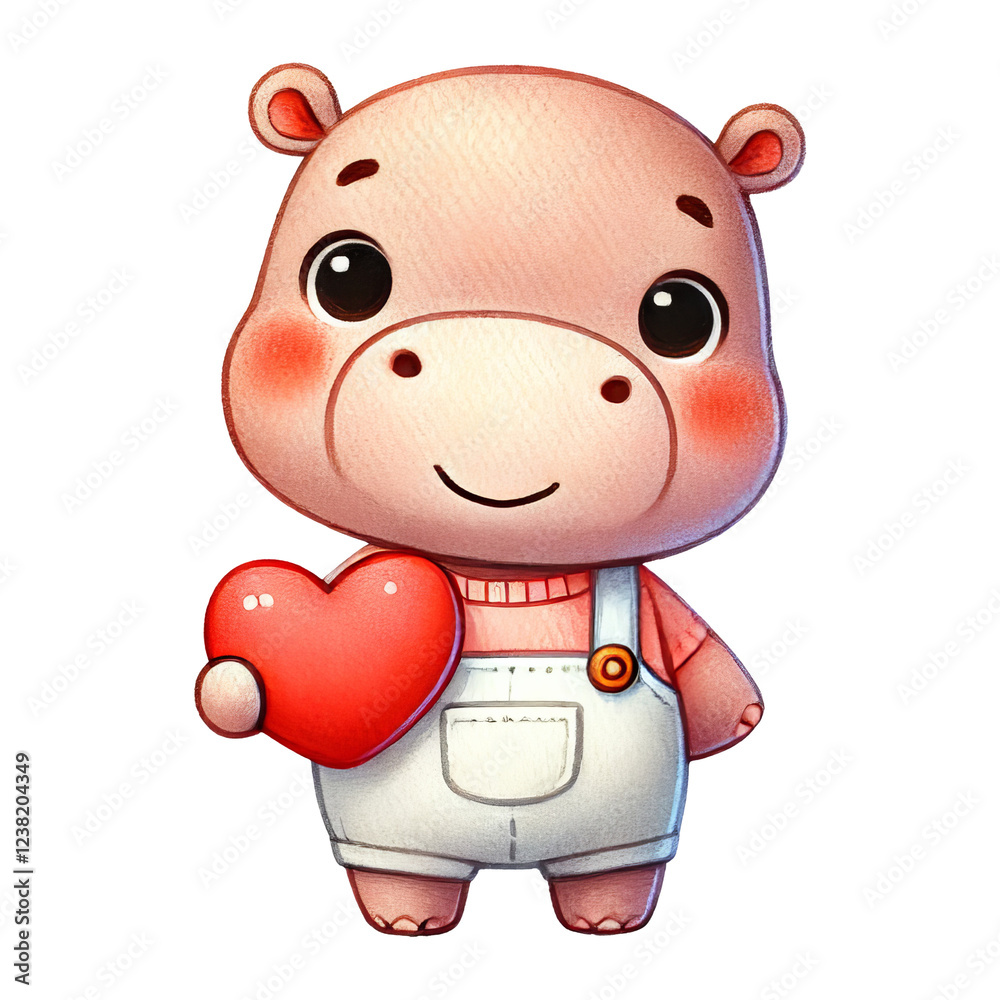 Fototapeta premium Cute hippo holding heart cartoon style joyful vibe