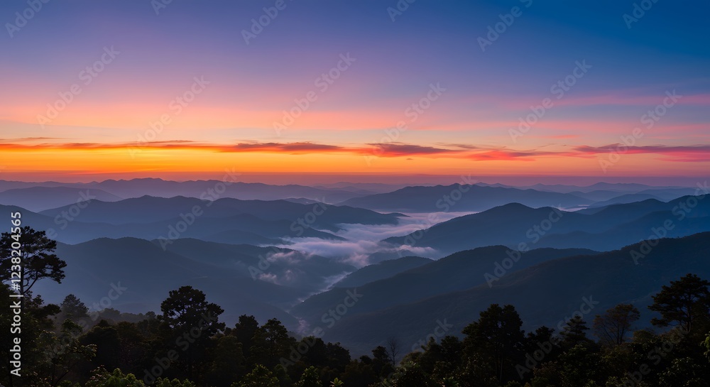 Naklejka premium Majestic Sunrise Mountain Landscape with Foggy Valley