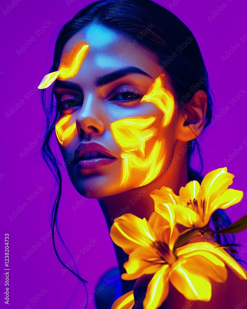 Woman with Neon Floral Face Paint Woman with Neon Floral Face Paint