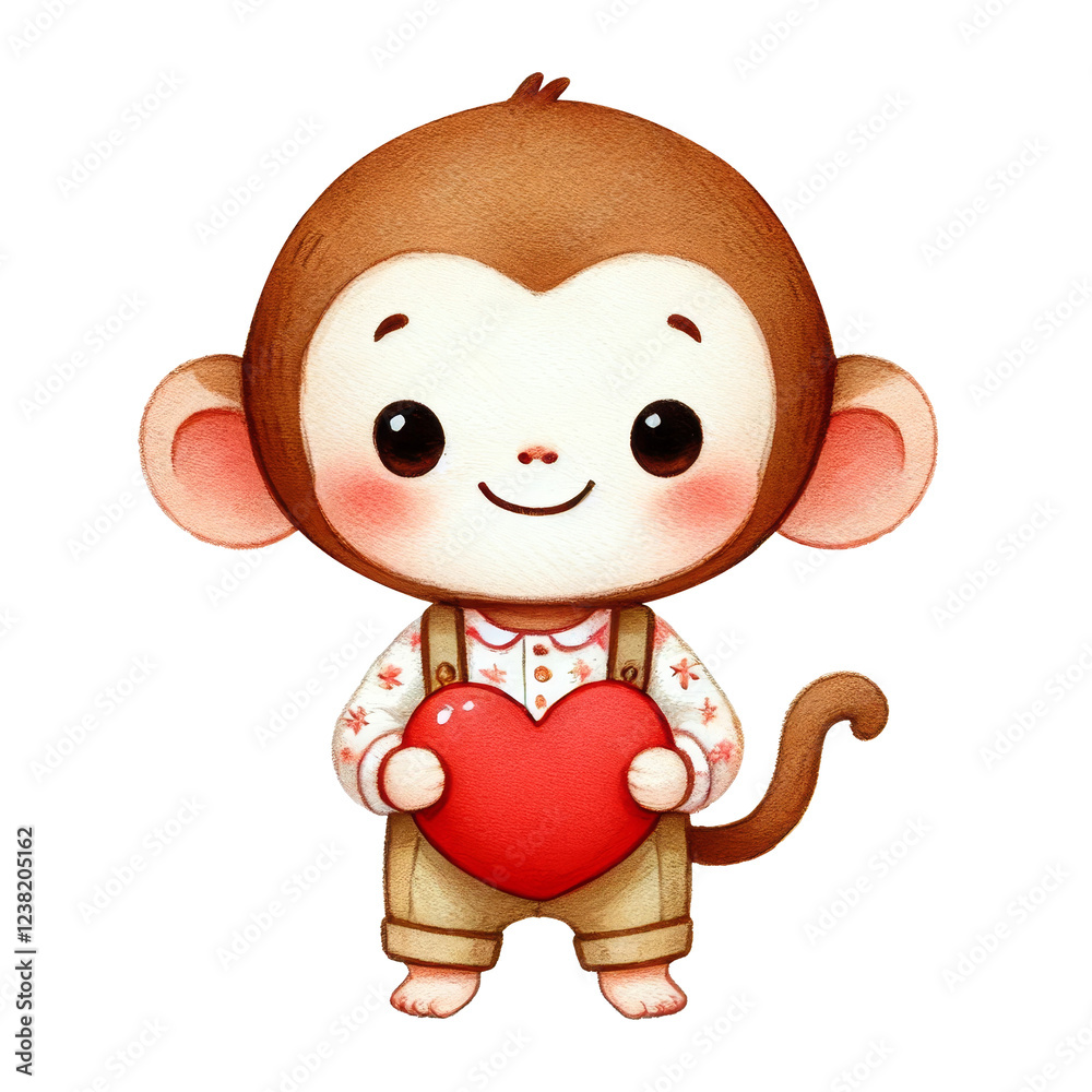 Fototapeta premium Cute monkey character holding heart digital art whimsical