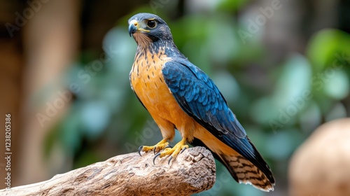 A vibrant hawk perched on a branch amidst a blurred natural background.