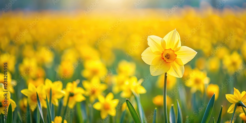 Fototapeta premium A lone daffodil stands tall amidst a sea of vibrant yellow flowers swaying gently in the breeze, blossoming, yellow