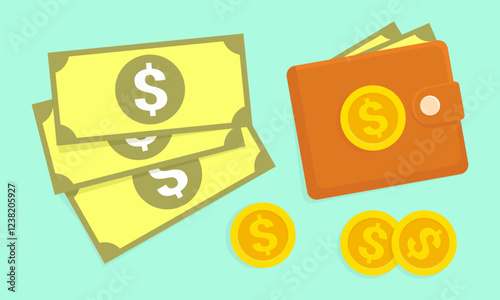 Financial assets illustration with wallet, cash, and gold dollar coins. Vector illustration for representing financial concepts, savings, budgeting, or monetary transactions