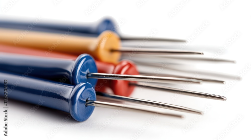 A close-up of colorful sewing needles with long metallic tips for crafting and stitching. A close-up of colorful sewing needles with long metallic tips for crafting and stitching.