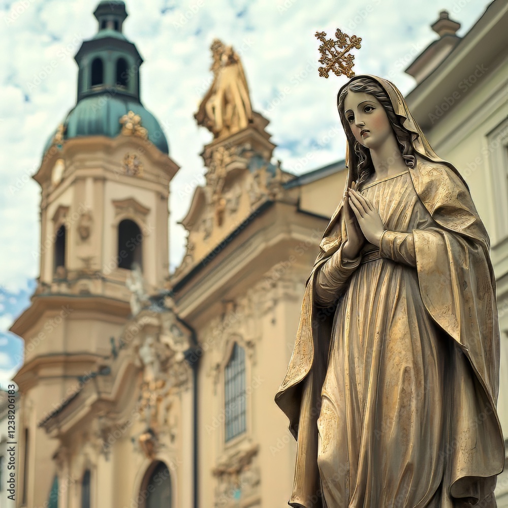 Fototapeta premium Statue of Mary before a church