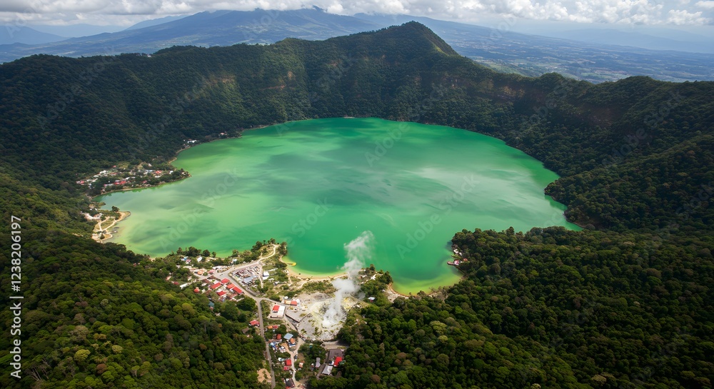 Stunning Aerial View of Green Crater Lake in Lush Forest Stunning Aerial View of Green Crater Lake in Lush Forest