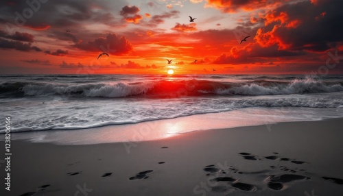 Breathtaking red sunset over ocean waves with birds and footprints along sandy beach