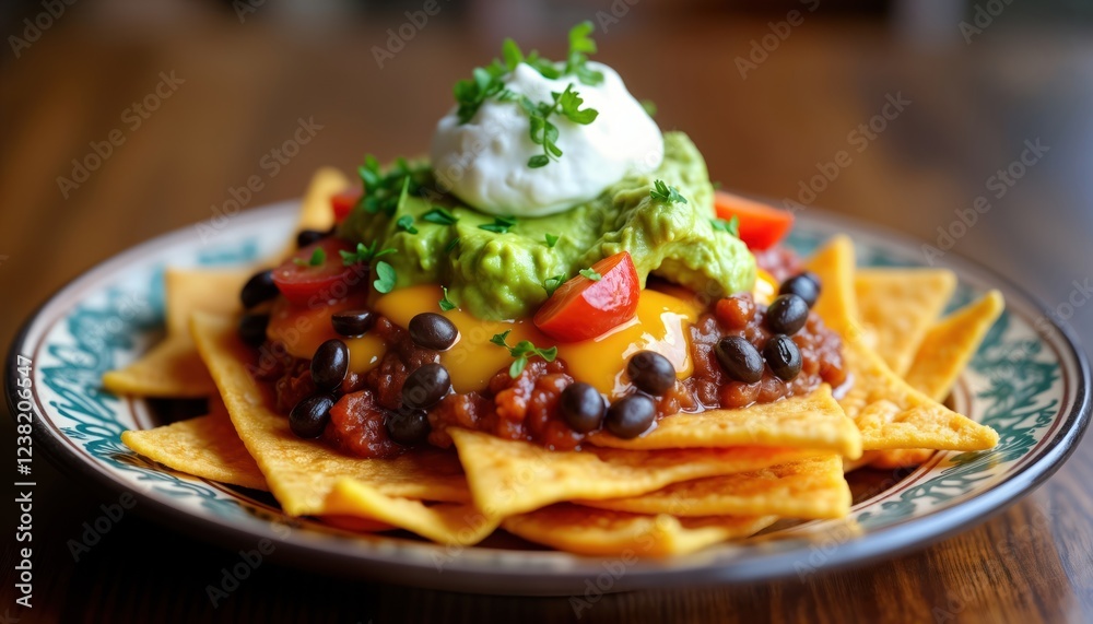 Loaded chili cheese nachos with guacamole, sour cream. Delicious plate of nachos with various toppings. Spicy chili, cheese on crispy tortilla chips. Guacamole, sour cream on top of chips. Perfect