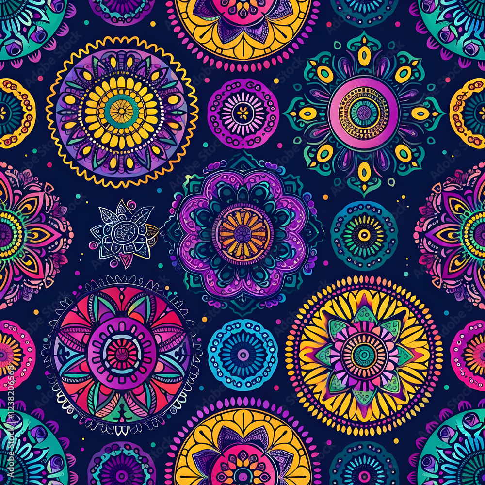 Fototapeta premium A vibrant pattern featuring intricate mandala designs in various colors on a dark background.