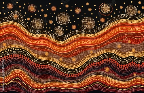 Vibrant aboriginal dot painting design with warm tones orange red. Wave patterns, spirals create intricate design. Handcrafted artistic aboriginal art. Cultural, traditional artwork. Unique design photo