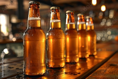 Cold beer bottle with drops, frost glass of light beer. High quality photo photo