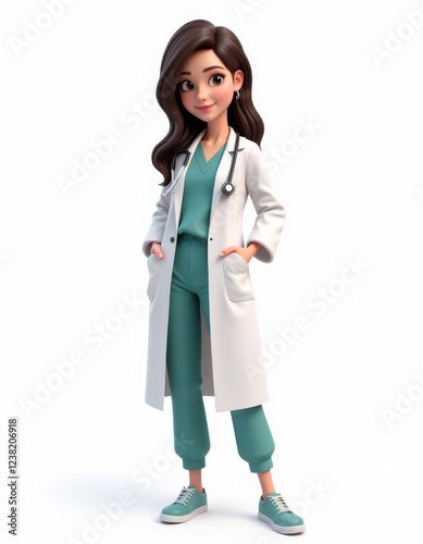 Cartoon female doctor on white background. Great for healthcare and medical concepts.