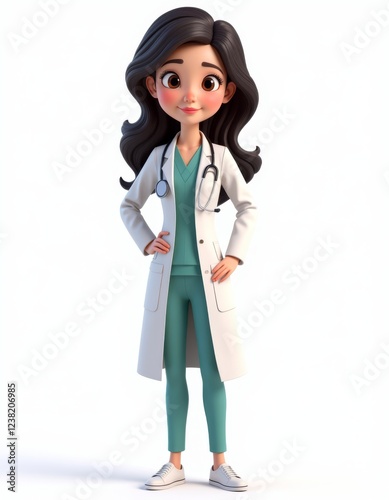 Cartoon female doctor on white background. Great for healthcare and medical concepts.