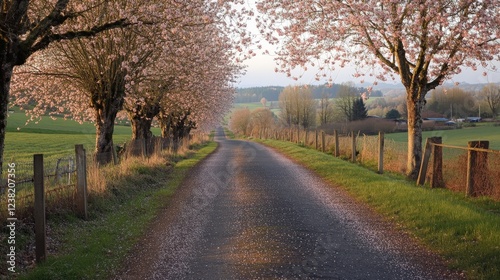 countryside road lined with blooming cherry blossom trees, petals gently falling to the ground.