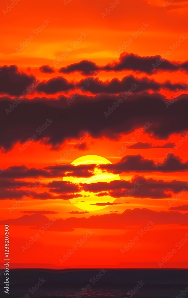 Naklejka premium Red dramatic sunset sky over the horizon water