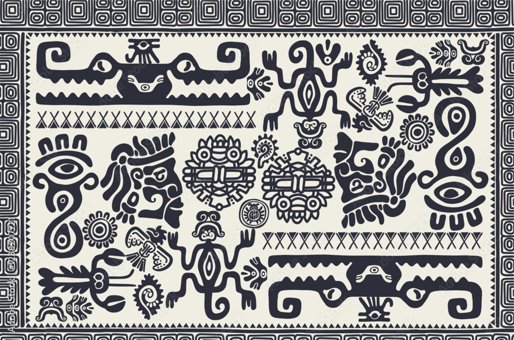 Seamless Maya pattern. Vector ethnic elements. Tribal doodles ornament. Abstract pattern ancient symbols birds, animals and faces.