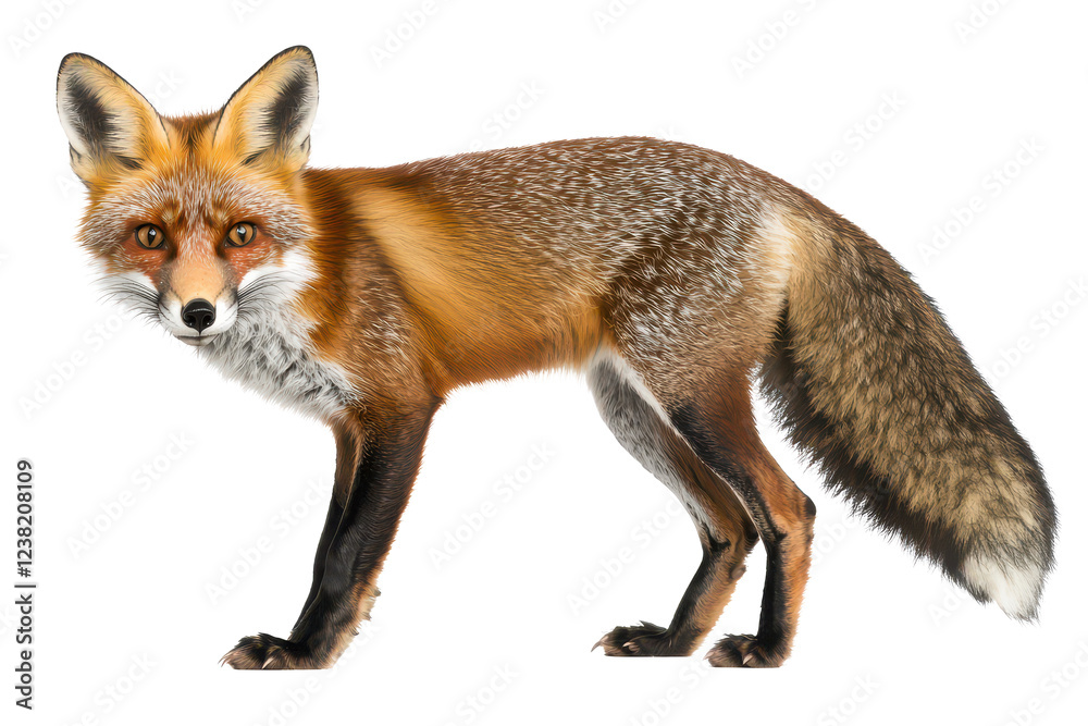 Fototapeta premium A realistic depiction of a fox, showcasing its distinctive reddish-brown fur, pointed ears, and bushy tail, standing in a poised position.