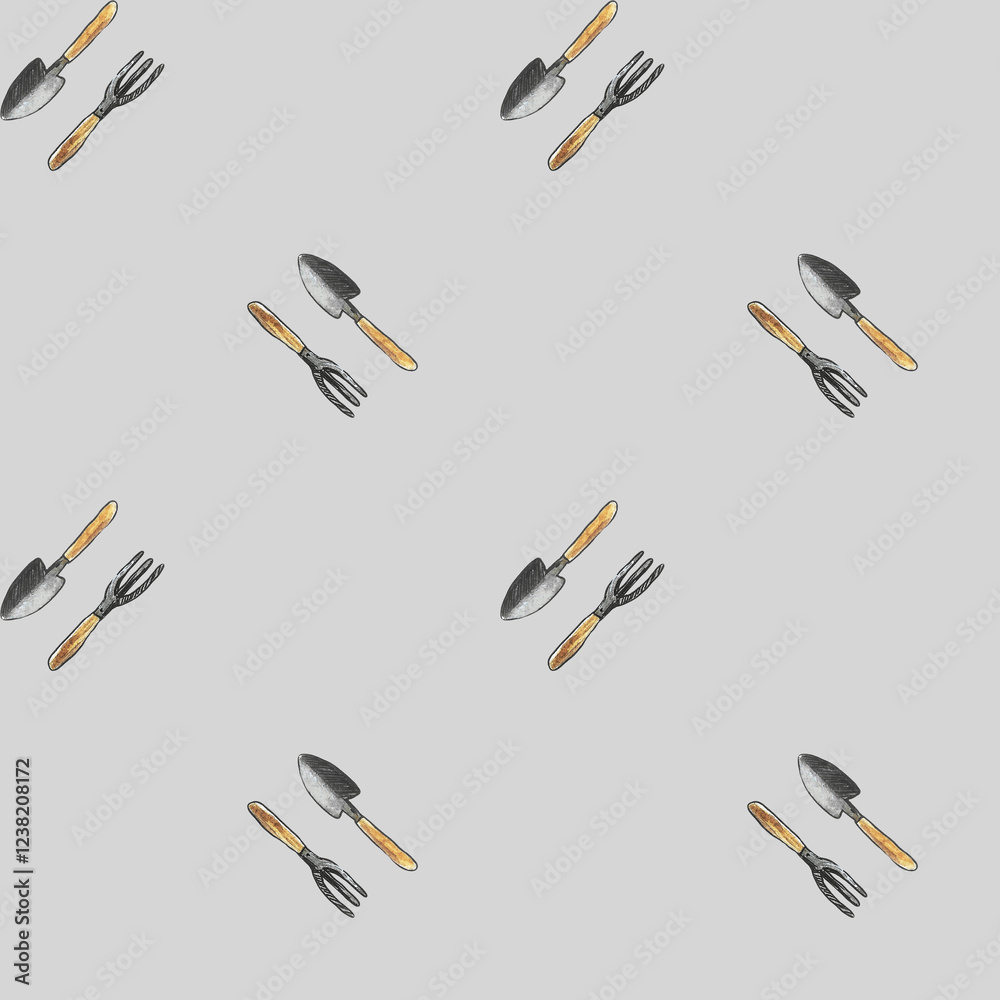 Hoe and fork and secateurs on gray background. Hoe and fork and secateurs on gray background.