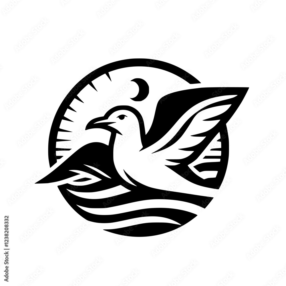 Fototapeta premium Seagull in Flight: A Majestic Bird Soaring Over the Ocean Waves Under the Moon and Sun
