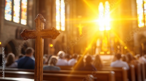 Blurred church interior focusing on the altar with a large cross, surrounded by seated congregation during a religious service