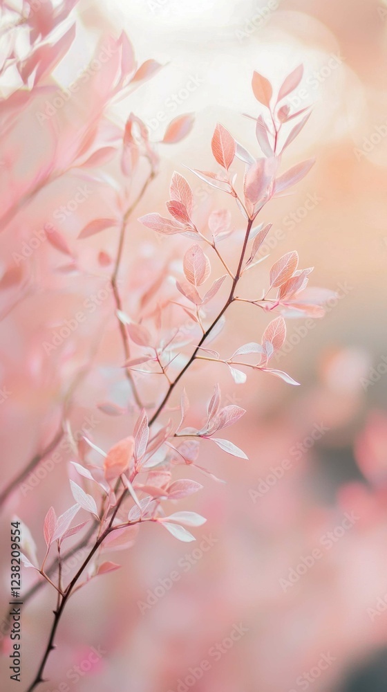 Fototapeta premium Delicate Pink Leaves on Branches Against a Soft Blurred Background