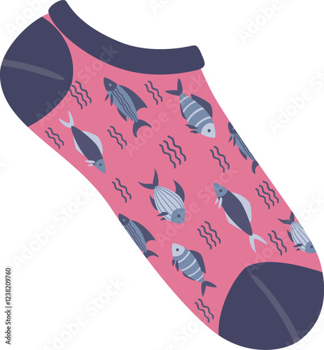 Short socks with fish and wavy lines pattern isolated on white background, modern and fashionable hosiery for women, comfortable everyday clothing