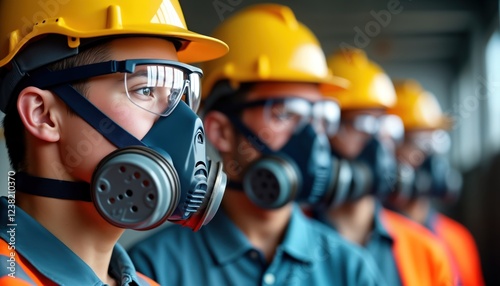 Workers wearing safety gear receiving training on respiratory protection. Wearing respirators, safety glasses, hard hats. Focus on safety clear in photo. Training session on respirator fit testing,