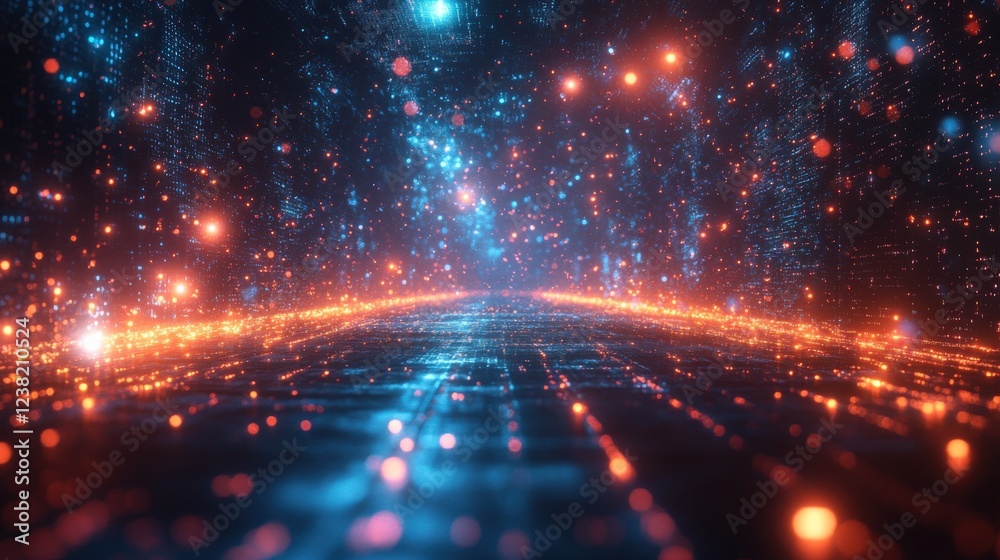 Obraz premium Colorful Digital Landscape With Glowing Particles and Light Trails. Generative AI