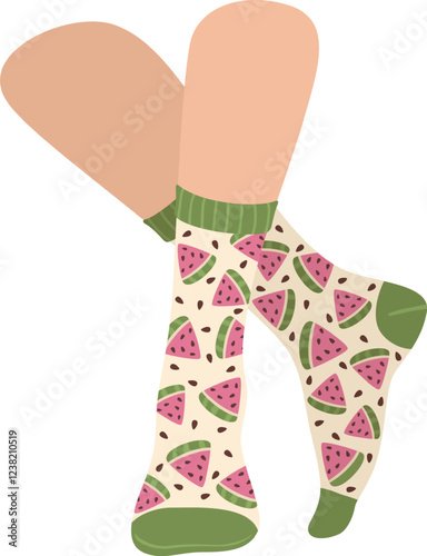 Legs wearing socks with watermelon pattern showing relaxing and enjoying free time at home, cozy atmosphere, summer vibes, fashion and lifestyle concept