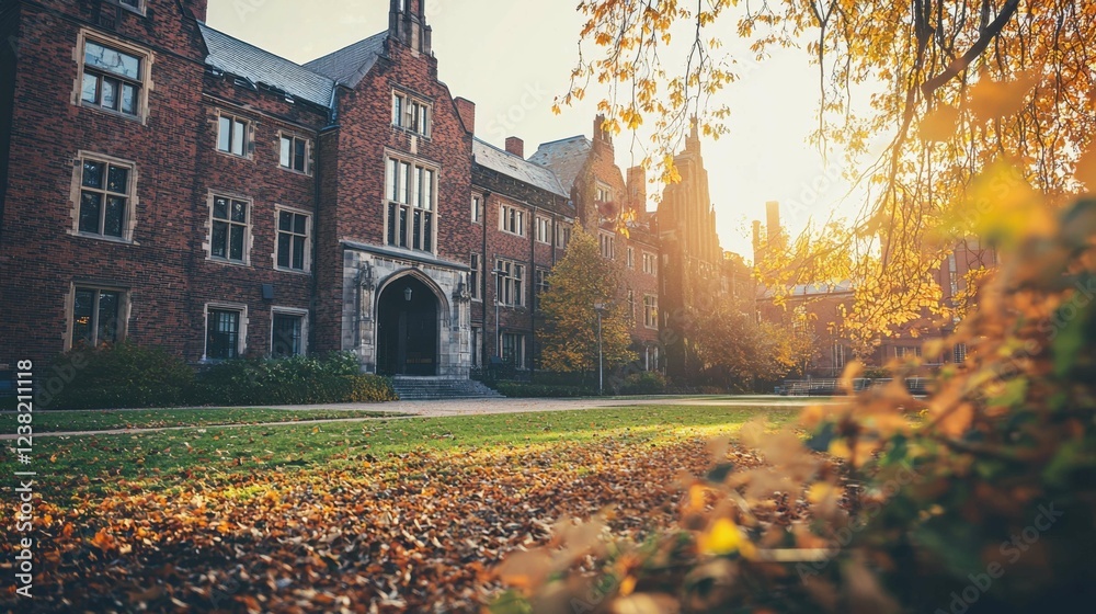 Obraz premium Historic Brick Building Surrounded by Colorful Autumn Leaves