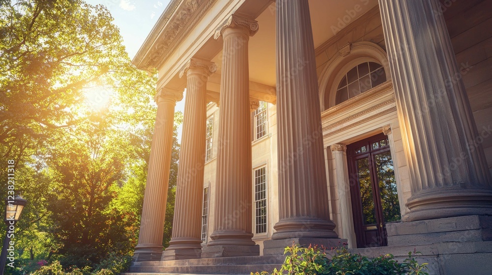 Obraz premium Elegant Classical Architecture with Columns and Sunlight in Background