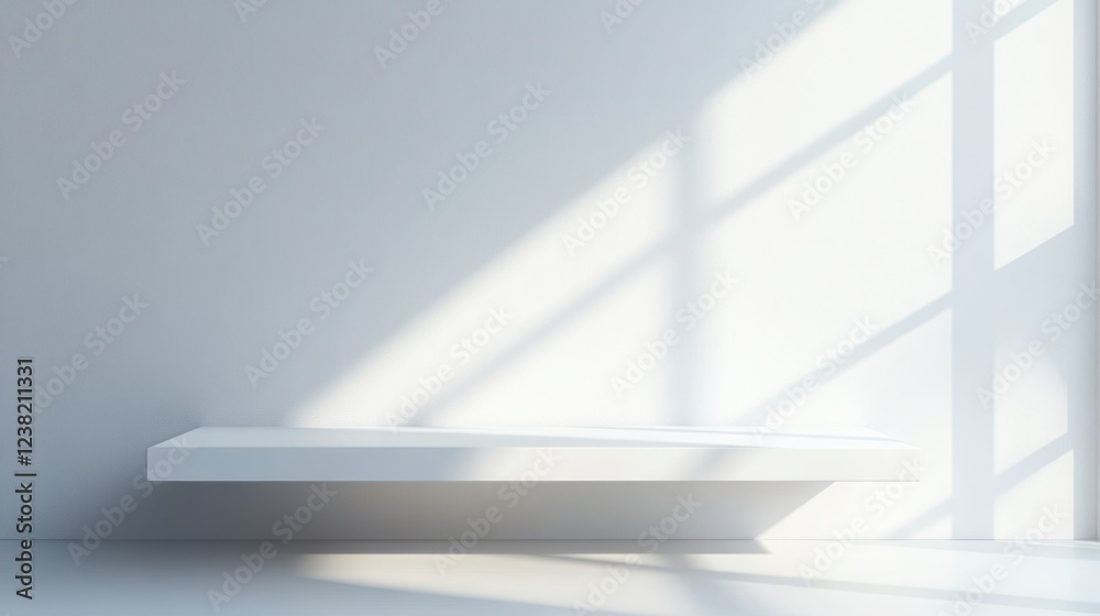 White shelf, sunlit room, minimalist display, product placement White shelf, sunlit room, minimalist display, product placement