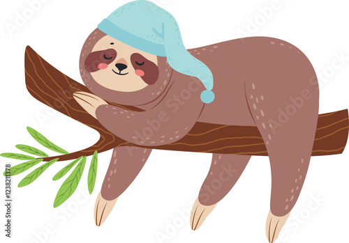 Adorable cartoon sloth wearing a nightcap, peacefully sleeping on a tree branch, evoking tranquility and restfulness, ideal for children s books or sleep related products
