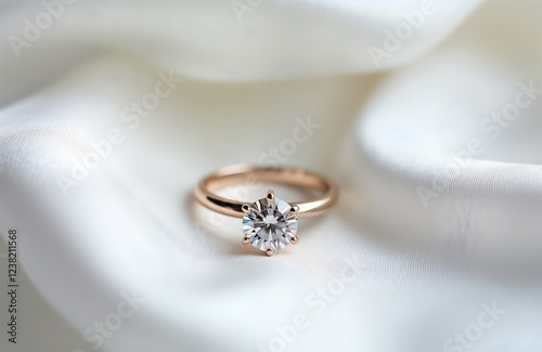 Luxury engagement ring with brilliant solitaire diamond set in rose gold. Beautiful ring on soft white satin fabric. Perfect proposal gift. Romantic, elegant jewelry piece. Symbol of love commitment.