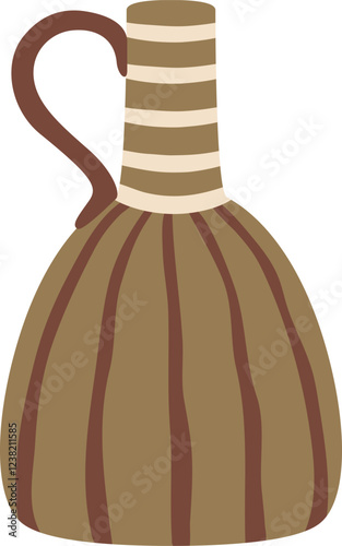 Brown ceramic jug featuring a handle and striped neck, reflecting ancient traditions and artisanal craftsmanship, enhancing historical or cultural settings with its rustic charm